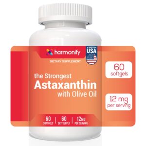 HARMONIFY Astaxanthin 12mg – 60 Softgels | 60-Day Supply | With Olive Oil & Vitamin E | Potent Antioxidant Support for Skin, Eyes & Joints