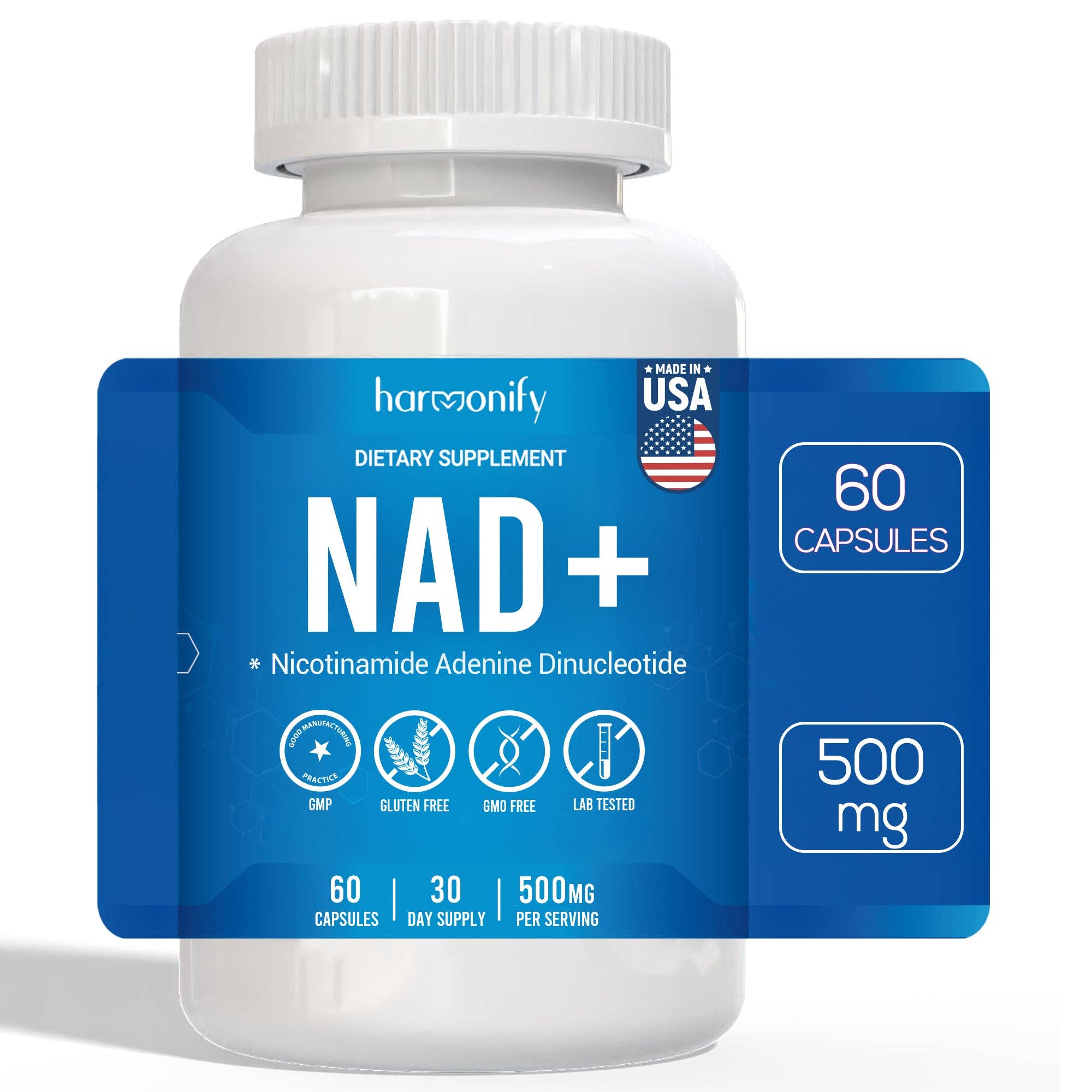 HARMONIFY NAD Supplement (500mg of 95% Pure NAD+ Per Serving, 30-Day Supply) – Vegan, Non-GMO, NAD Booster for Longevity, Anti-Aging, Cellular Health, and Energy