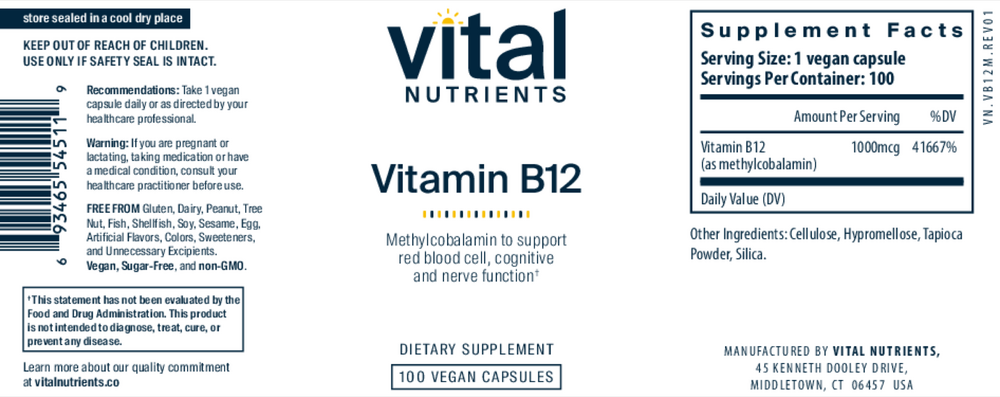 Vital Nutrients Vitamin B12 (as methylcobalamin) 1000mcg - Image 2