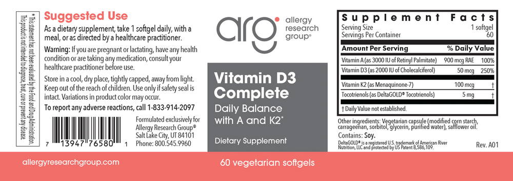 Allergy Research Group Vitamin D3 Complete Daily Balance with A and K2 - Image 2