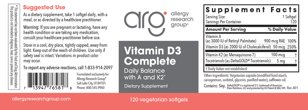 Allergy Research Group Vitamin D3 Complete Daily Balance with A and K2 - Image 5
