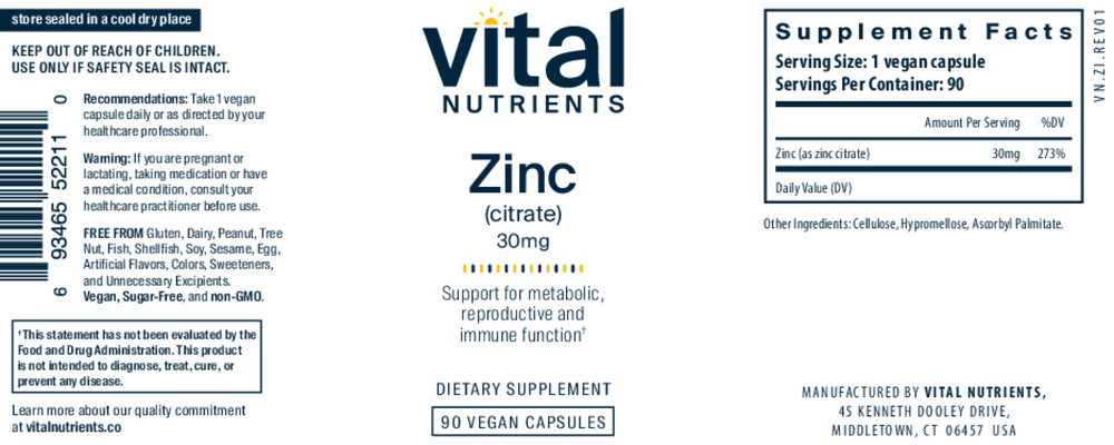 Vital Nutrients Zinc (Citrate) 30mg 90c - Image 2