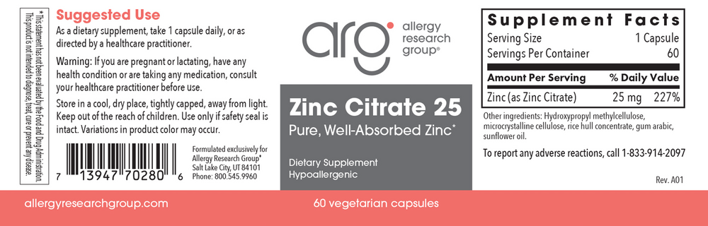 Allergy Research Group Zinc Citrate 25mg - Image 2