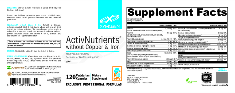 XYMOGEN ActivNutrients Without Copper & Iron (Multivitamin) - Image 2