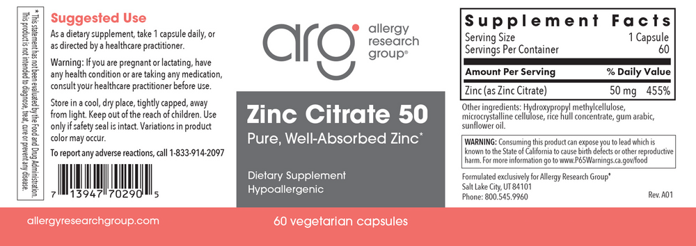 Allergy Research Group Zinc Citrate 50mg - Image 2